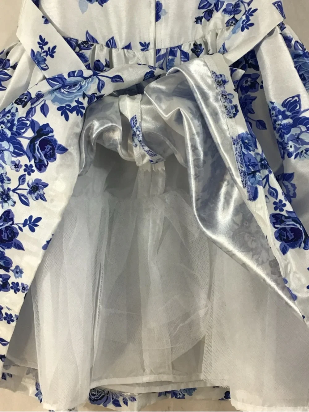 Girls Floral Ruffle-Front Petticoat Fancy   Blue & White Shantung Party‎ Dress